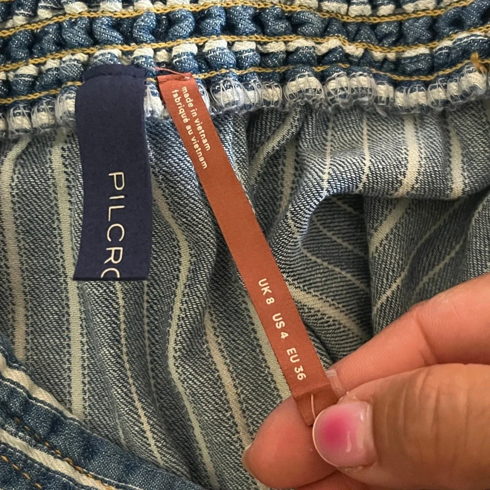 Pilcro Anthropologie Striped Ruffle Asymmetrical Denim Midi Skirt Blue 4 NWT